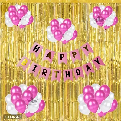 Alaina Happy Birthday Balloons Decoration Kit Combo Pack 35 Pcs - 1 Happy Birthday Banner, 2 Golden Fringe Curtains, 32 Pcs Metallic Balloons (Pink & White)