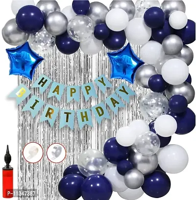Alaina Happy Birthday Decoration Kit 61 Pcs Combo Pack for Girls Boys Kids - Happy Birthday Banner, Foil Stars, Fringe Curtains, Confetti Balloons, Metallic Balloons, Balloons Arch Strip, Glue Dots Strip, Balloons Hand Pump-thumb0