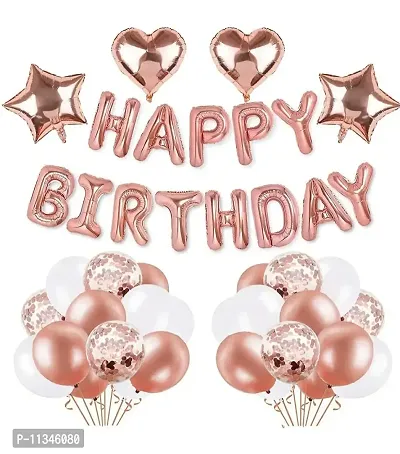 Alaina Happy Birthday Decoration Kit 48 Pcs Combo Pack - 1 Set Happy Birthday Foil Letters + 3 Pcs Rose Gold Confetti Balloons + 2 Pcs Rose Gold Foil Hearts + 2 Pcs Rose Gold Foil Stars + 40 Pcs Metallic Balloons (Rose Gold & White)