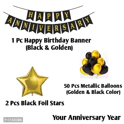 Alaina Happy Anniversary Decoration Kit - 1 Pc Happy Anniversary Banner + 50 Pcs Metallic Balloons (Black & Golden Color) + 2 Golden Foil Stars + Your Anniversary Year (34 Happy Anniversary)-thumb2