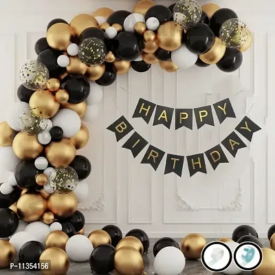 Alaina Birthday Decoration Items Combo Pack of 57 Black Golden Theme - Happy Birthday Banner, Confetti Balloons, Chrome Balloons, Metallic Balloons, Balloons Arch Strip, Glue Dots Strip