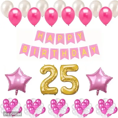 Alaina Happy Birthday Decoration Kit - 1 Pc Happy Birthday Banner (Pink & Golden Color) + 50 Pc Metallic Balloons (Pink & White) + 2 Pink Foil Stars + Your Birthday Age (37 Happy Birthday)-thumb0