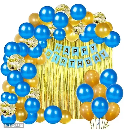 Happy Birthday Decoration Kit 57 Pcs Combo Pack - 1 Pc Happy Birthday Banner (Blue & Golden Color) + 2 Pcs Golden Fringe Curtains + 4 Pcs Golden Confetti Balloons + 50 Pcs Metallic Balloons (Blue & Golden Color)-thumb0