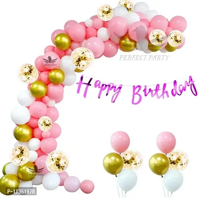 Alaina Happy Birthday Balloons Decoration Kit 55 Pcs - Happy Birthday Cursive Banner, Confetti Balloons, Golden Chrome Balloons, White & Pink Balloons-thumb0