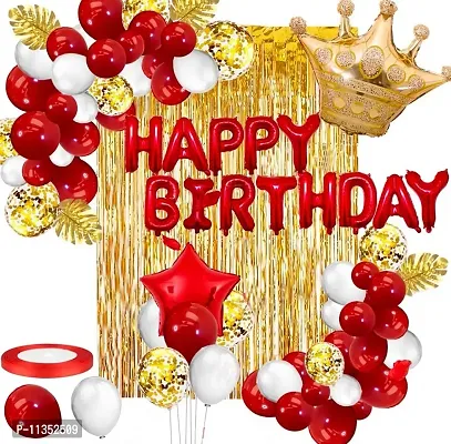 Alaina Happy Birthday Decoration Kit 48 Pcs Combo Pack for Girls Boys Kids - Happy Birthday Foil Balloons, Red Foil Star, Crown Foil Balloon, Golden Fringe Curtains, Confetti Balloons, Metallic Balloons-thumb0