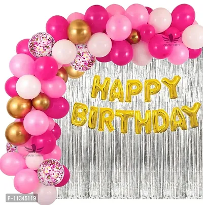 Happy Birthday Decoration Kit 56 Pcs Combo Pack - 1 Set Happy Birthday Foil Letters (Golden Color) + 3 Pcs Pink Confetti Balloons + 2 Pcs Silver Fringe Curtains + 10 Pcs Golden Chrome Balloons + 40 Pcs Metallic Balloons (Pink & White)-thumb0