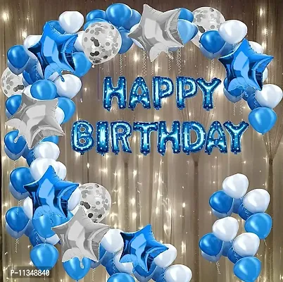 Alaina Happy Birthday Decoration Kit 58 Pcs Combo Pack - 1 Set Happy Birthday Foil Letters + 3 Pcs Silver Confetti Balloons + 2 Pcs Blue Foil Stars + 2 Pcs Silver Foil Stars + 50 Pcs Metallic Balloons (Blue + White)-thumb0