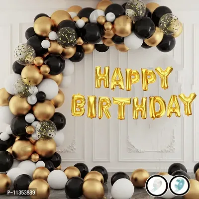 Alaina Happy Birthday Balloons Decoration Kit 67 Pcs - Happy Birthday Foil Balloon, Golden Confetti Balloons, Golden Chrome Balloons, Black White Metallic Balloons, Glue Dots Strip, Arch Strip.