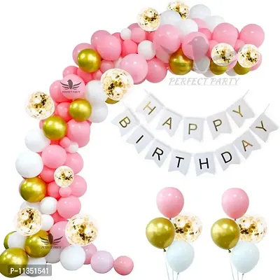 Alaina Happy Birthday Balloons Decoration Kit 55 Pcs - Happy Birthday Banner, Confetti Balloons, Golden Chrome Balloons, White & Pink Balloons