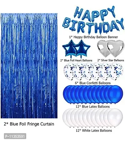 Alaina Happy Birthday Balloons Decoration Kit 37 Pcs Set for Boys Girls Kids - Happy Birthday Foil Balloons, Blue Fringe Curtains, Foil Stars, Foil Hearts, Confetti Balloons, Metallic Balloons-thumb2
