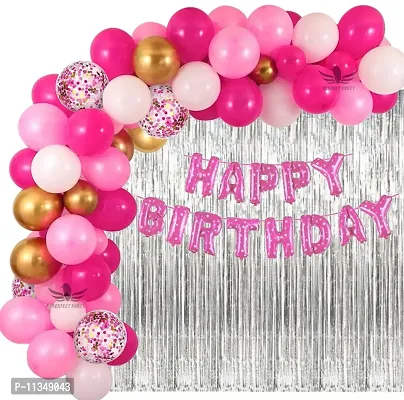 Happy Birthday Decoration Kit 56 Pcs Combo Pack - 1 Set Happy Birthday Foil Letters (Pink Color) + 3 Pcs Pink Confetti Balloons + 2 Pcs Silver Fringe Curtains + 10 Pcs Golden Chrome Balloons + 40 Pcs Metallic Balloons (Pink & White)