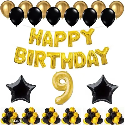Alaina Happy Birthday Decoration Kit - 1 Set Happy Birthday Helium Foil Letters + 50 Pcs Metallic Balloons (Black & Golden) + 2 Black Foil Stars + Your Birthday Age (46 Happy Birthday)