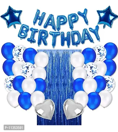 Alaina Happy Birthday Balloons Decoration Kit 37 Pcs Set for Boys Girls Kids - Happy Birthday Foil Balloons, Blue Fringe Curtains, Foil Stars, Foil Hearts, Confetti Balloons, Metallic Balloons