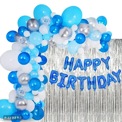 Alaina Happy Birthday Decoration Kit 56 Pcs Combo Pack - 1 Set Happy Birthday Foil Letters (Blue Color) + 3 Pcs Silver Confetti Balloons + 2 Pcs Silver Fringe Curtains + 10 Pcs Silver Chrome Balloons + 40 Pcs Metallic Balloons (Blue & White)