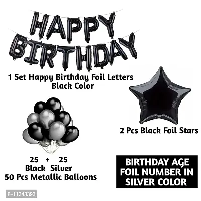 Alaina Happy Birthday Decoration Kit - 1 Set Happy Birthday Foil Letters (Black Color) + 2 Pcs Black Foil Stars + 50 Pcs Metallic Balloons (Black + Silver) (35 Happy Birthday)-thumb2