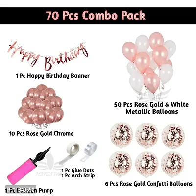 Alaina Happy Birthday Decoration Kit 70 Pcs Combo Pack for Girls Boys Kids - Happy Birthday Cursive Banner, Rose Gold Confetti Balloons, Chrome Balloons, Metallic Balloons, Balloons Arch Strip, Glue Dots Strip, Balloons Hand Pump-thumb2