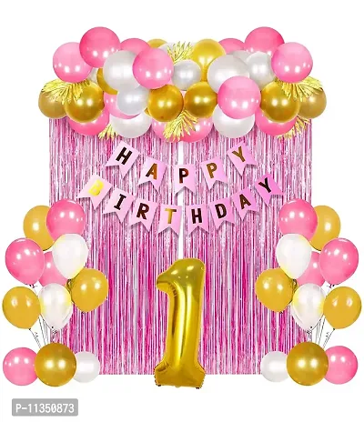 Alaina Happy Birthday Decoration Kit 28 Pcs Combo Pack - 1 Pc Happy Birthday Banner + 2 Pcs Pink Fringe Curtains + 1 Number Foil in Golden Color + 24 Pcs Metallic Balloons (Pink + Golden + White)-thumb0