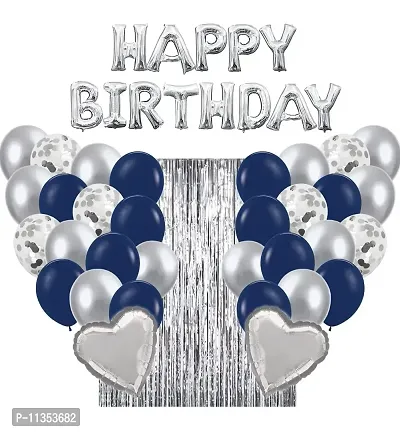 Alaina Happy Birthday Balloons Decoration Kit 35 Pcs - Happy Birthday Foil Balloons, Confetti Balloons, Fringe Curtains, Silver Foil Hearts, Metallic Balloons