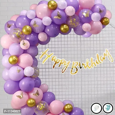 Alaina Happy Birthday Balloons Decoration Kit 70 Pcs - Happy Birthday Banner, Pastel Balloons, Golden Chrome Balloons, Golden Confetti Balloons, Arch Strip, Glue Dots Strip.