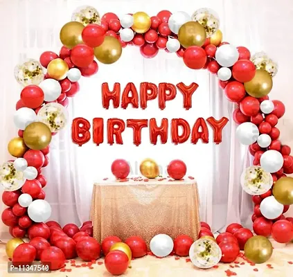 Alaina Happy Birthday Balloons Decoration Kit 80 Pcs - Happy Birthday Foil Balloons, Chrome Balloons, Confetti Balloons, Red White Metallic Balloons, Arch Strip.