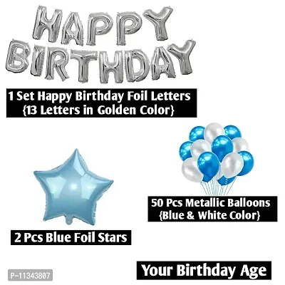 Alaina Happy Birthday Decoration Kit - 1 Set Happy Birthday Foil Letters (Set of 13 Letters) + 50 Pcs Metallic Balloons (Blue & White) + 2 Pcs Blue Foil Stars + Your Birthday Age (6 Happy Birthday)-thumb2