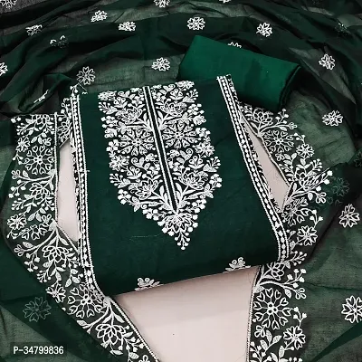 Elegant Green Cotton Embroidered Dress Material with Dupatta For Women-thumb0