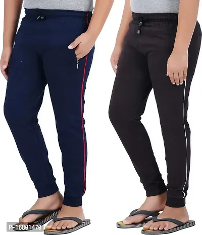 Thirteen Eleven Boys Regular Fit Solid Cotton Track Pants with 2 Zip Pockets (KM-Boys-Track-201-RIB-P2-Navy_Brown_3 Years - 4 Years_Pack of 2)