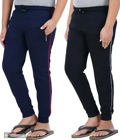 Thirteen Eleven Boys Regular Fit Solid Cotton Track Pants with 2 Zip Pockets (KM-Boys-Track-201-RIB-P2-Navy_Black_11 Years - 12 Years_Pack of 2)
