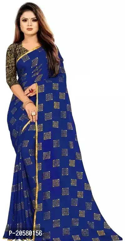 Elegant Royal Blue Chiffon Saree with Blouse piece For Women-thumb0