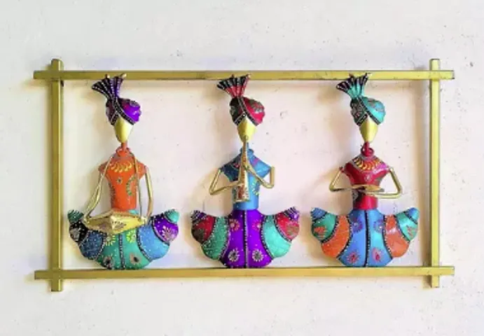 3 Rajasthani Musicians Multicolour Iron Wall Art For Wall Decor