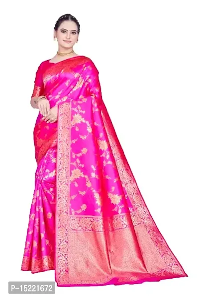 HOMIGOZ Premium Rani Pink Coloured Banarasi Saree With Zari Embellishments And Unstitched Blouse Piece