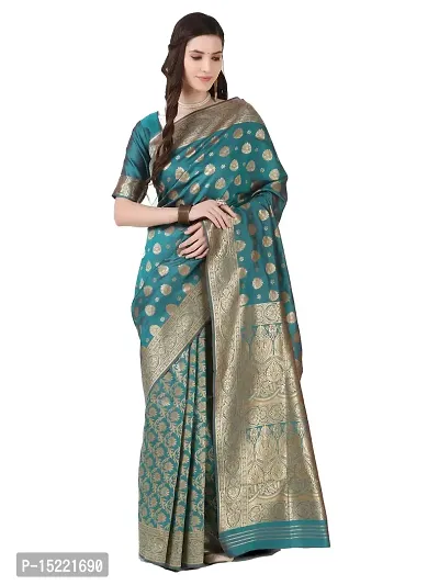 HOMIGOZ Turquoise Colored Kanjeevaram Silk Zari Woven Saree With Blouse Piece