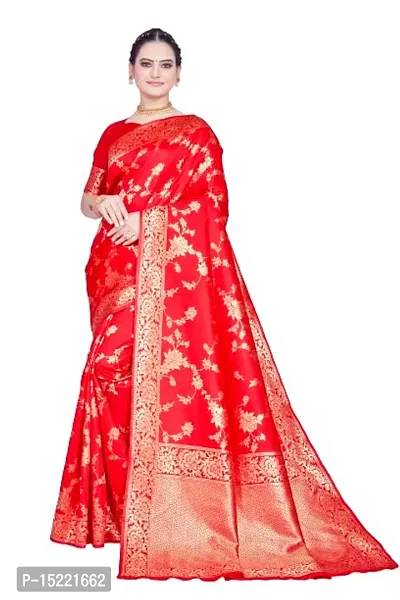 HOMIGOZ Premium Red Coloured Banarasi Saree With Zari Embellishments And Unstitched Blouse Piece