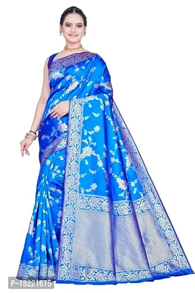HOMIGOZ Premium Blue Coloured Banarasi Saree With Zari Embellishments And Unstitched Blouse Piece