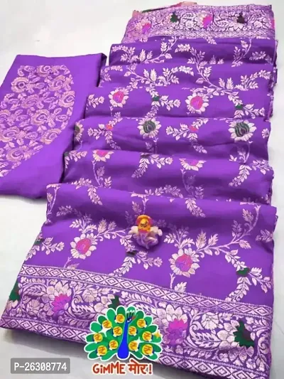 Stylish Silk Blend Jacquard Saree With Blouse Piece For Women
