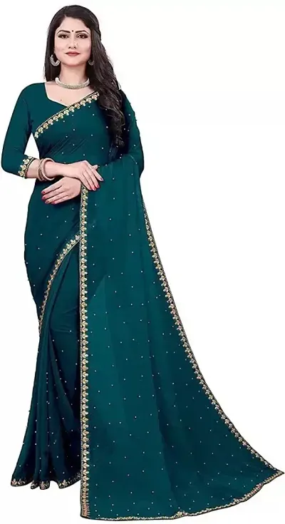 NK ENTERPRISE Women's Georgette Embroidery Border Moti Work Saree with Blouse Piece