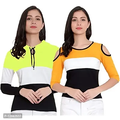HKS Fashion Women's Trendy Designer Hooded Neck Round Neck Off Shoulder Combo Pack of 2 T-Shirts Tops | Women's Latest Hoodie & Cold Shoulder Round Neck T-Shirt Tops Combo Pack of 2
