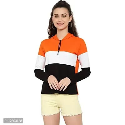 HKS Fashion Women's Cotton Trendy Hooded Neck Hoodie | Women's Designer Color Block Hooded Neck T-Shirt Orange