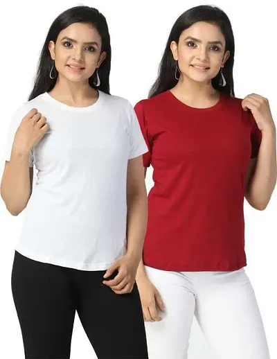 Reifica Plain Tshirts for Women Combo Pack of 2 | Regular Fit Half Sleeve Round Neck Cotton Solid Tops Combo