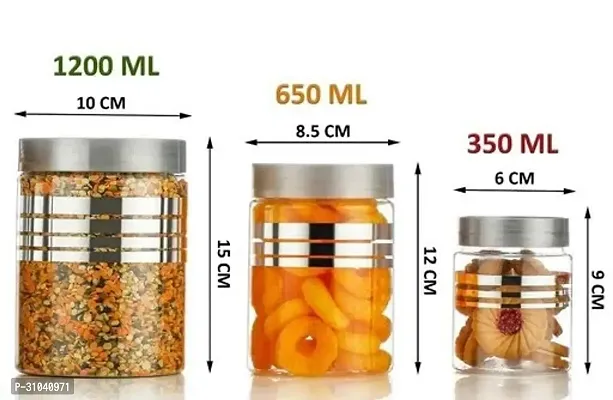 Plastic Line Printed Storage Jar and Container, With 12 pcs Spoon (FREE) ,Set of 12 (4 pcs x 1200 ml Each, 4 pcs x 650 ml Each, 4 pcs x 350 ml Each , ), Silver Clear | Air Tight | Kitchen Organiser |-thumb3