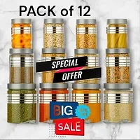 Plastic Line Printed Storage Jar and Container, With 12 pcs Spoon (FREE) ,Set of 12 (4 pcs x 1200 ml Each, 4 pcs x 650 ml Each, 4 pcs x 350 ml Each , ), Silver Clear | Air Tight | Kitchen Organiser |-thumb1