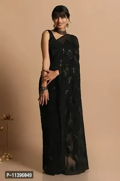 Designer Georgette Black Sequins Saree With Blouse Piece For Women-thumb2