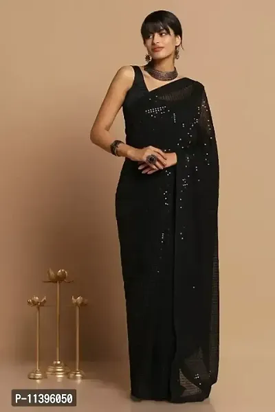 Designer Georgette Black Sequins Saree With Blouse Piece For Women-thumb4