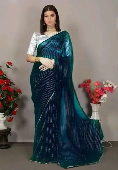 Vichitra Silk Silver Foil Striped Piping Border Sarees with Blouse Piece