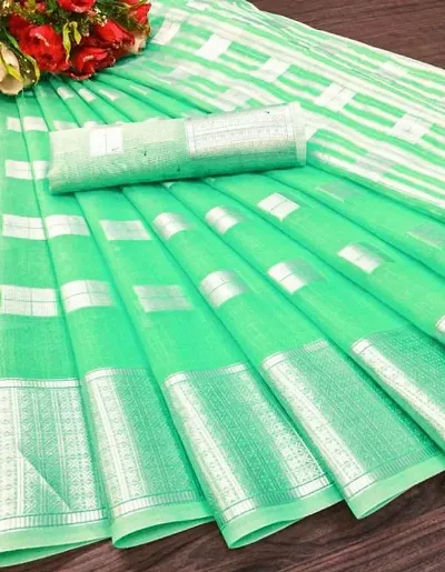 Linen Blend Silver Zari Box Design Sarees With Blouse Piece