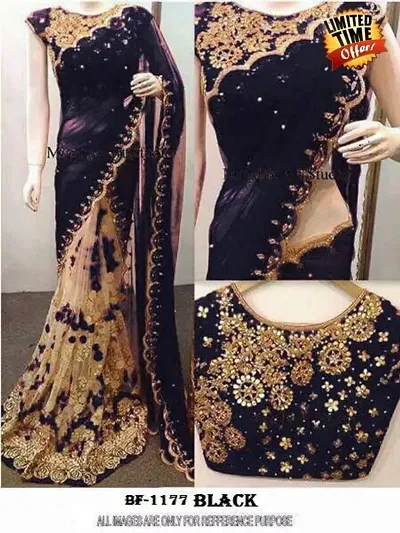 Georgette Net Half and Half Embroidered Sarees with Blouse Piece