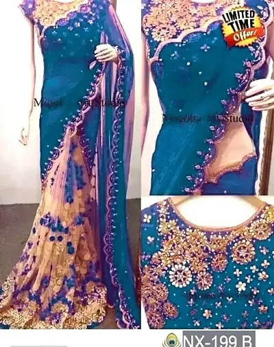 Georgette Net Half and Half Embroidered Sarees with Blouse Piece