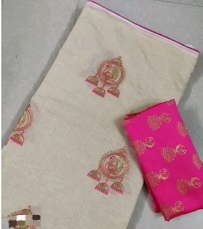 Cotton Blend Embroidered Sarees with Blouse Piece