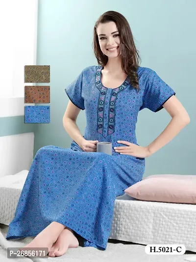 Elegant Blue Cotton Blend Printed Nightdress For Women