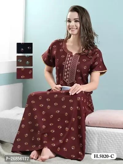 Elegant Maroon Cotton Blend Printed Nightdress For Women-thumb0